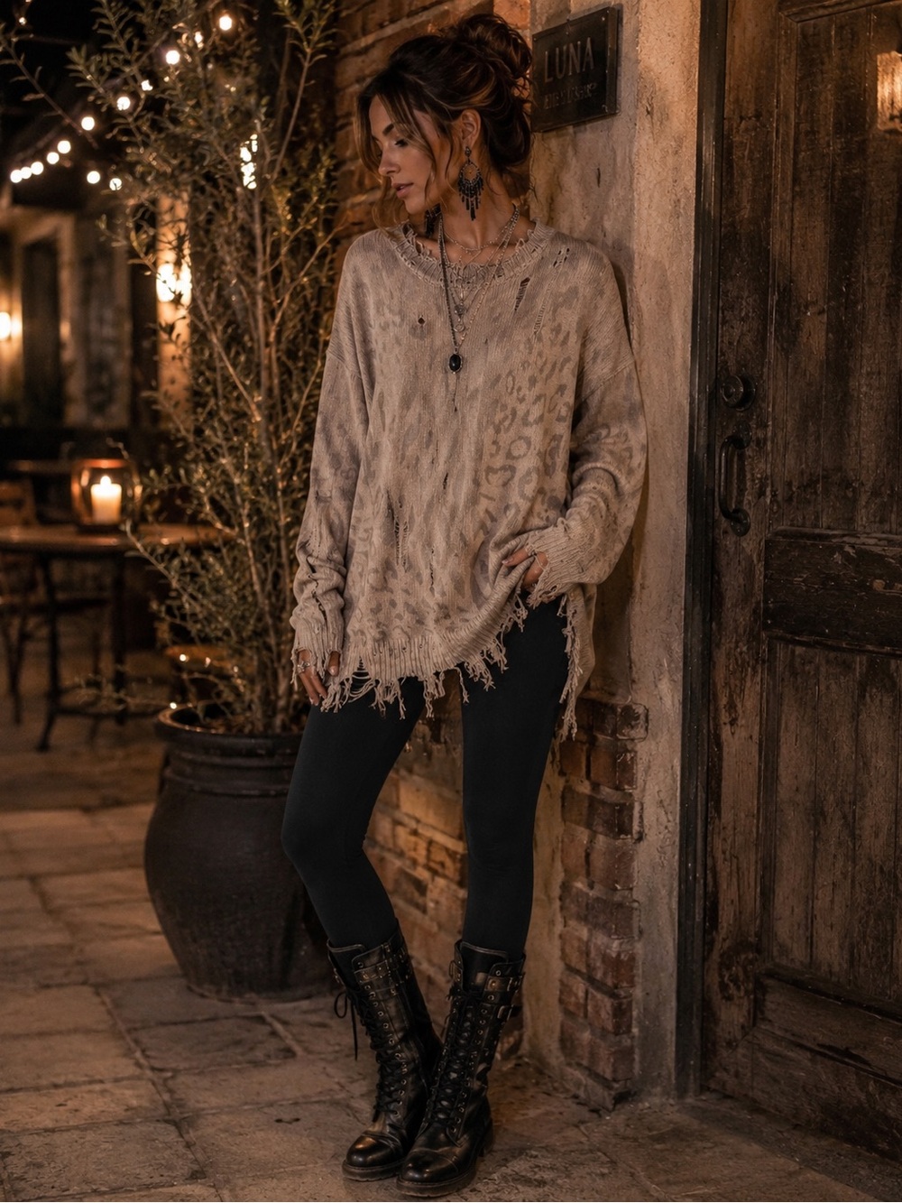 Blue B Oversized Distressed Leopard-Print Crewneck Sweater